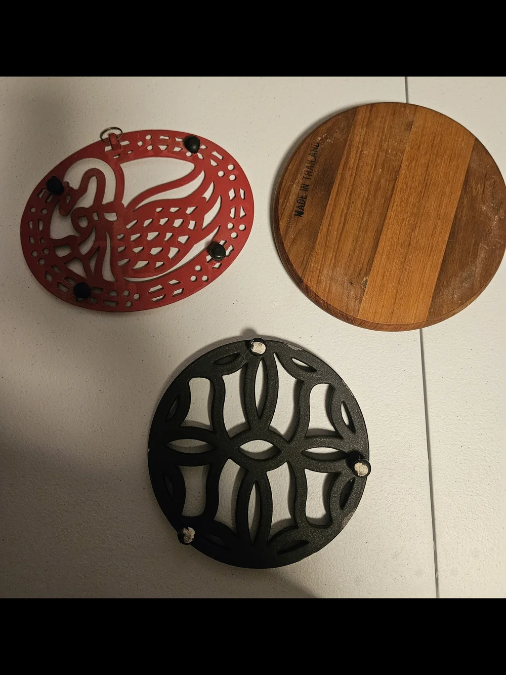 Set of 3 Decorative Trivets -2 cast Iron/1 Wood w/ Tile